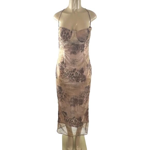 HOUSE OF CB Azia Dress Size L+ Plus Cup Maxi Cream Floral Print Mesh Lace Up - Picture 4 of 16